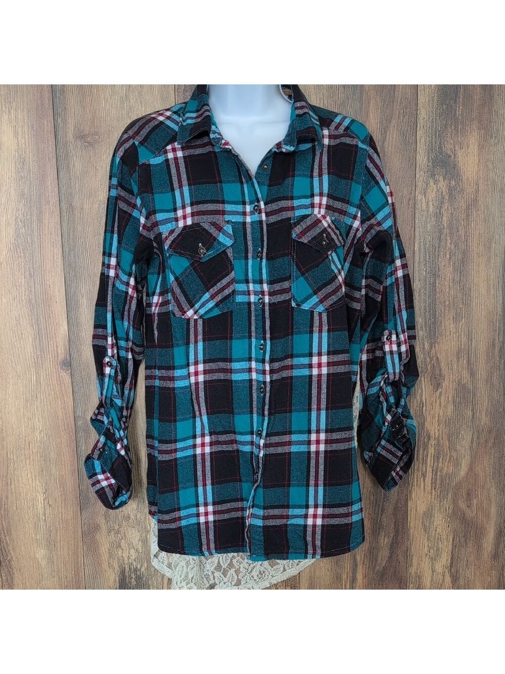 Hint of Mint Plaid Button Down Lace Back Shirt L P103